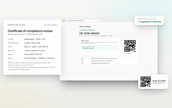 A Selado certificate of review beside its public verify page with a QR code. Brands and people shown are fictional.