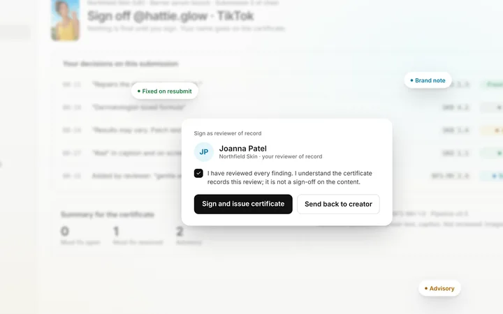 A reviewer signing off a video in Selado and issuing its certificate. Brands and people shown are fictional.
